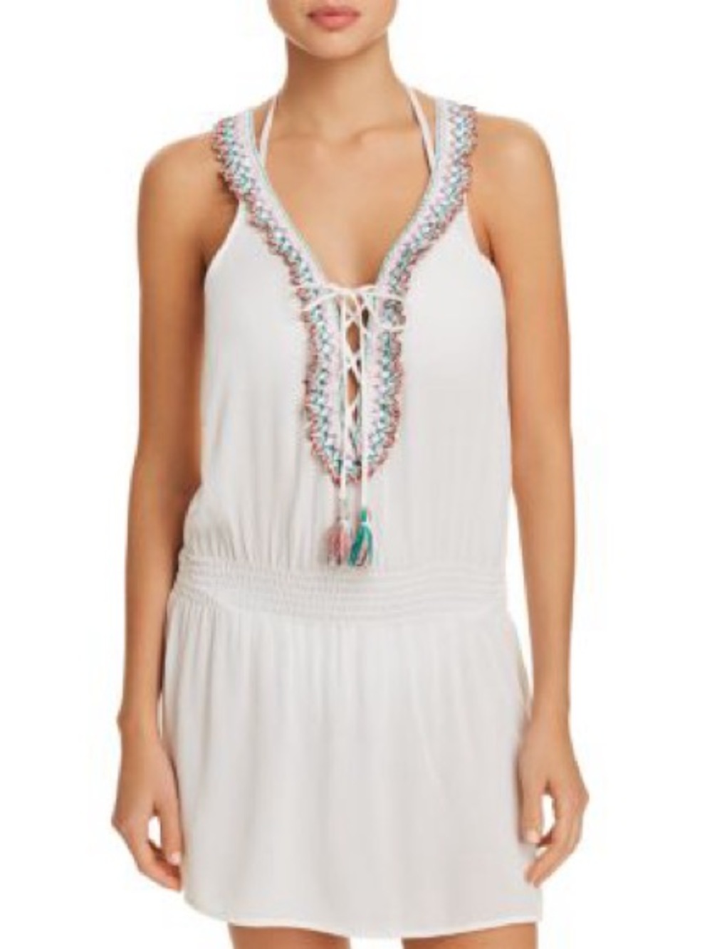 Boho Embroidered Tassel V-Neck White Mini Dress NWOT LARGE - Picture 8 of 8